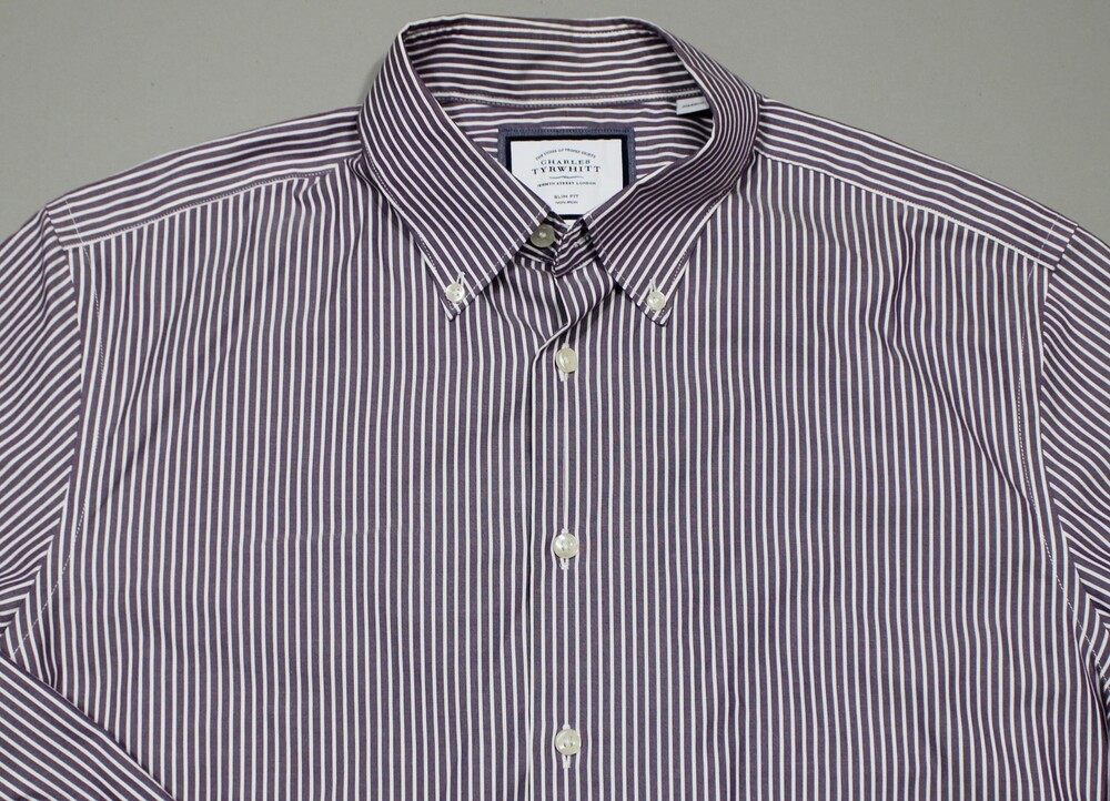 Charles Tyrwhitt Button Up Shirt Mens 17 Purple Stripe Slim Fit Non-Iron